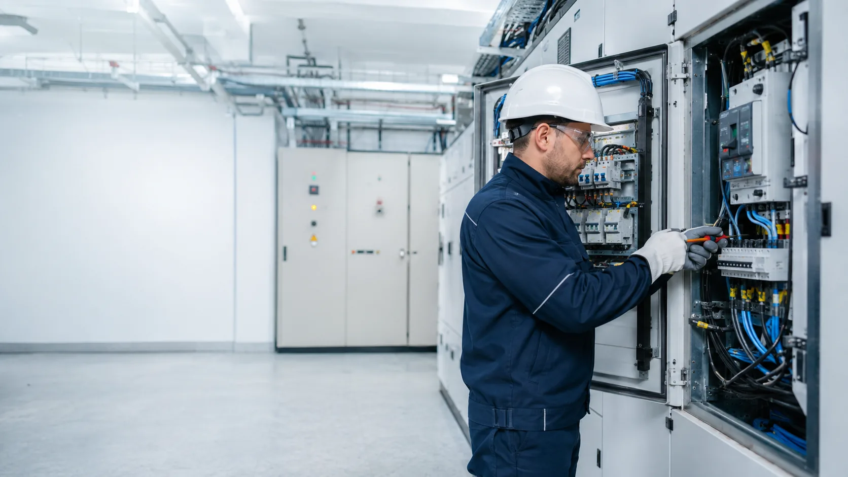 Técnico trabajando en un cuadro eléctrico industrial