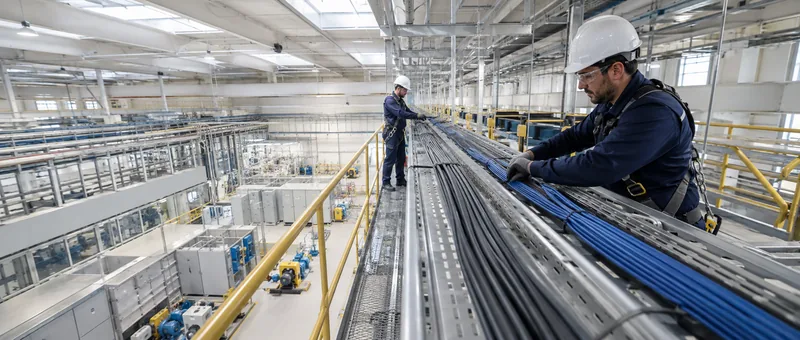 Equipo instalando bandejas de cableado en una nave industrial